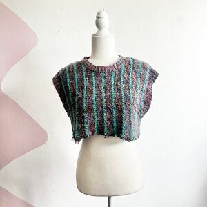 Vintage Colorful Knit Tank Top Distressed Textured Boho Festival Hippie Medium